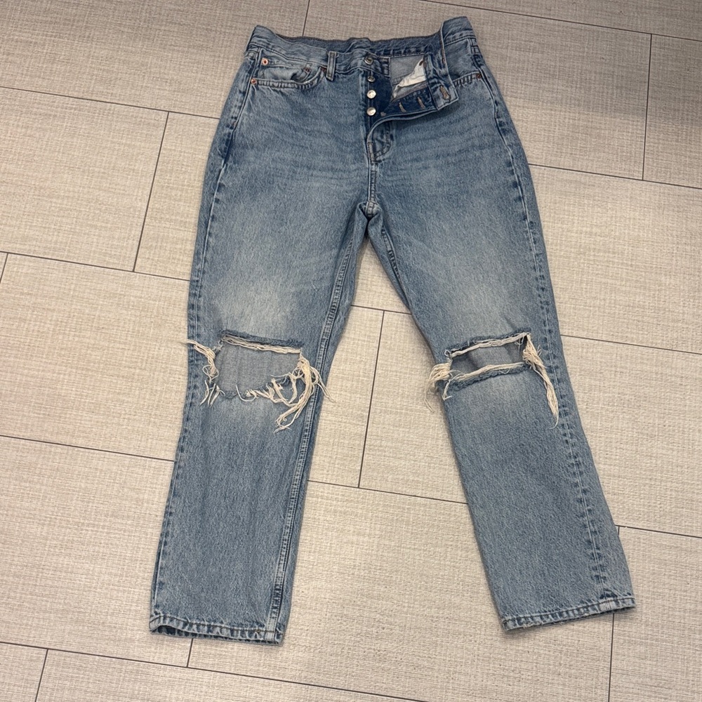 Topshop Light Blue Distressed Straight Leg Jeans